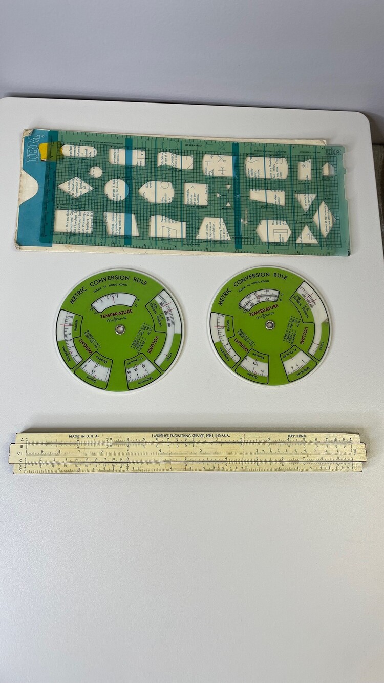 Vintage Engineering & Math Lot: Lawrence Slide Rule, IBM Flowchart Template, Met